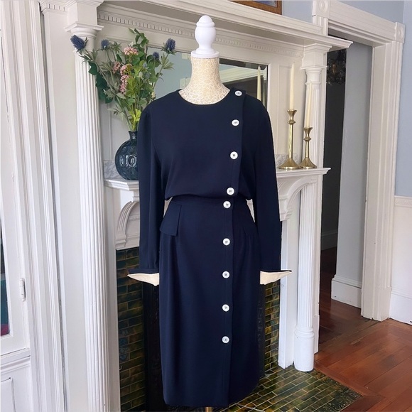 VINTAGE VALENTINO MISS V 100% Wool Navy Side Button Midi Dress Size 10 - Picture 2 of 15